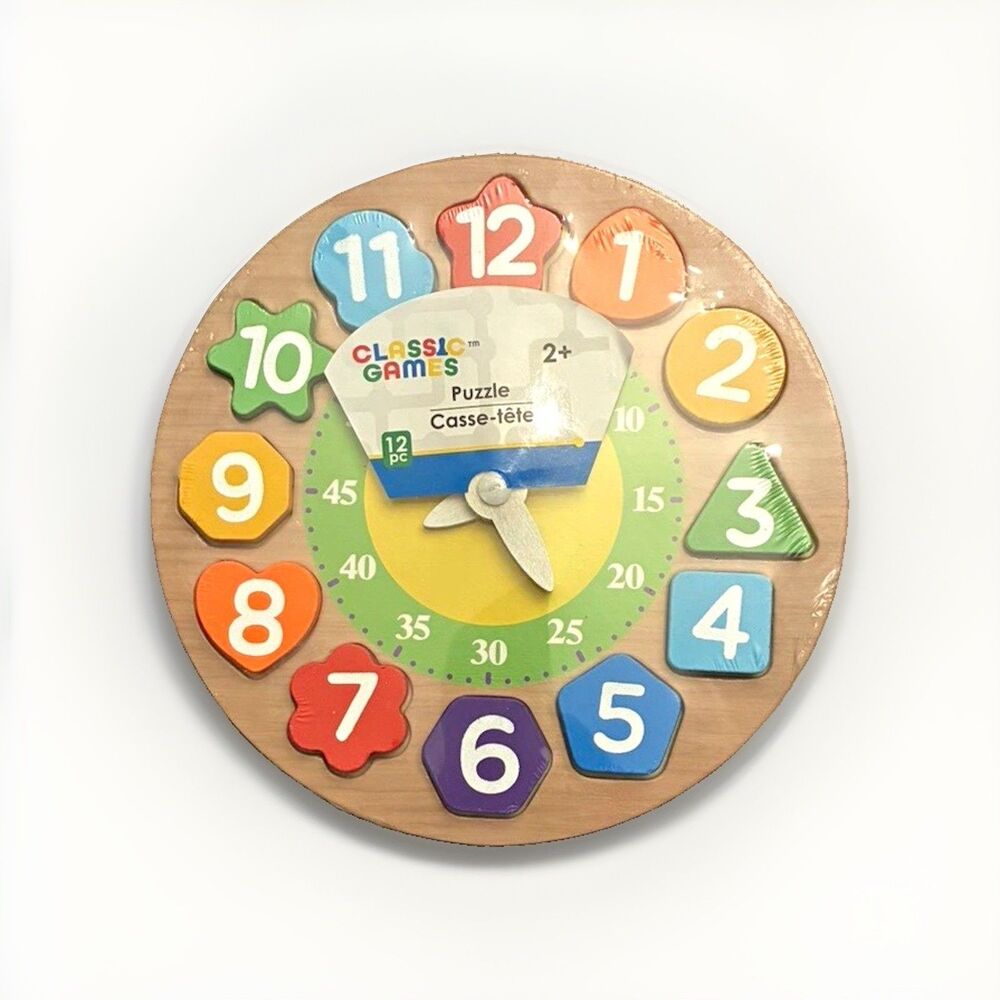 Wooden Shape Sorter Learning Clock Puzzle w/ Removable Number Pieces